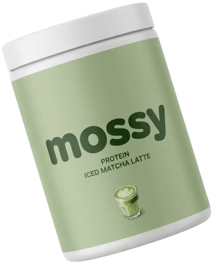 A tub of Mossy protein iced matcha latte, tilted